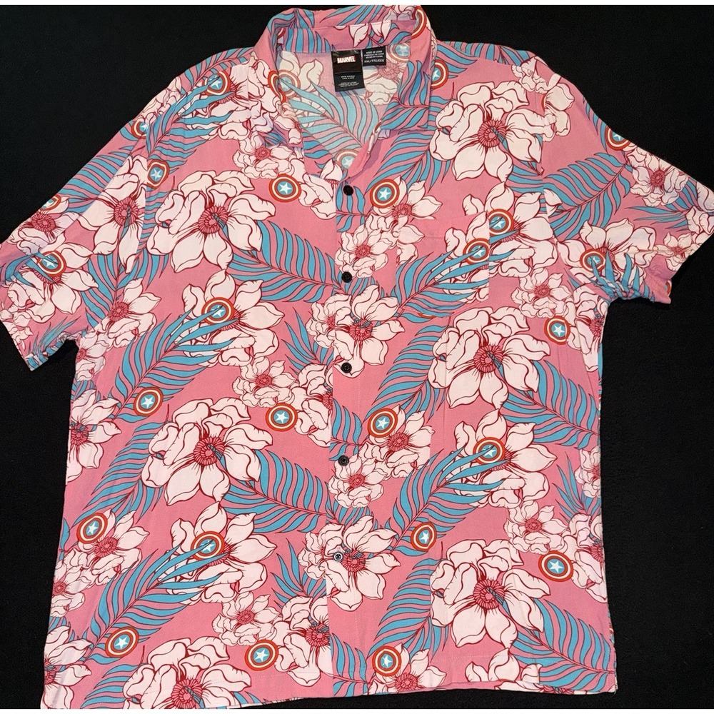 Marvel DC Comics Pink Floral Hawaiian Captain Marvel Button Down Mens XXL